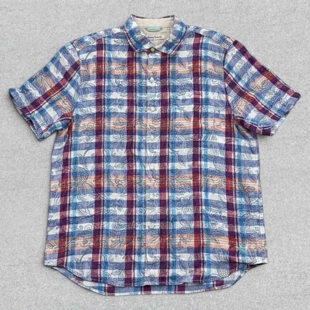 Tommy Bahama Shirt Men's Large Floral Plaid 100% Linen Button Up Short Sleeve